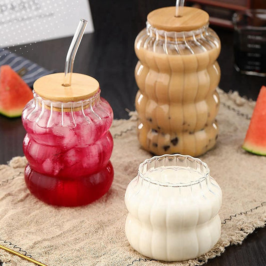 Creative Glass Cup with Lid and Straw Coffee Milk Juice Mug 400ml