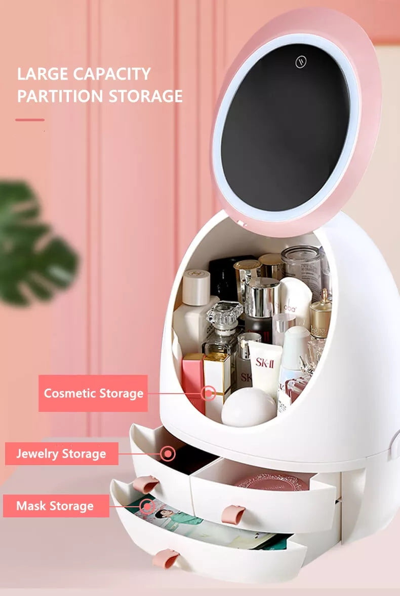 Creative Egg Shape Cosmetic Organizer With Led Mirror