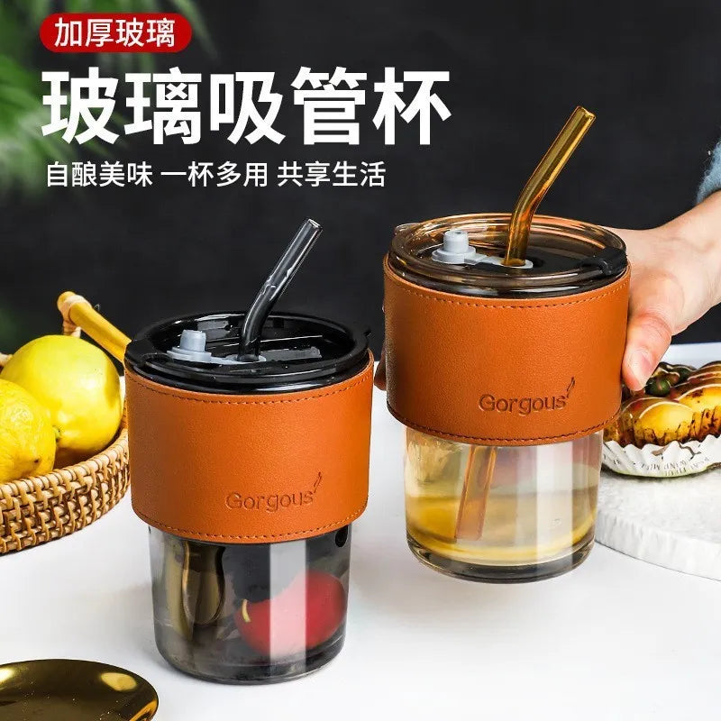 400ML Creative Amber Straw Glass Large-Capacity Coffee Cup