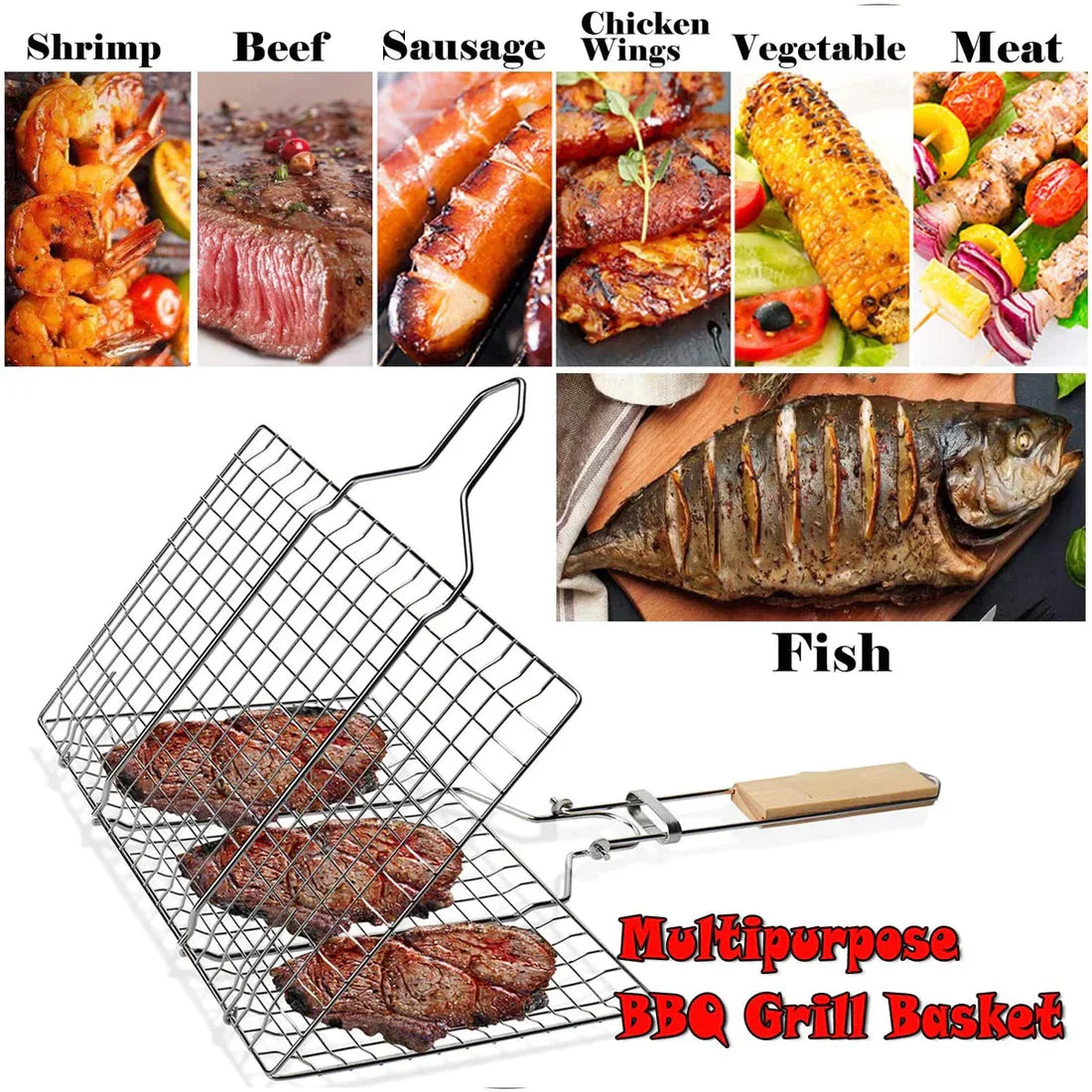 Barbecue Grill Basket with Wood Handle