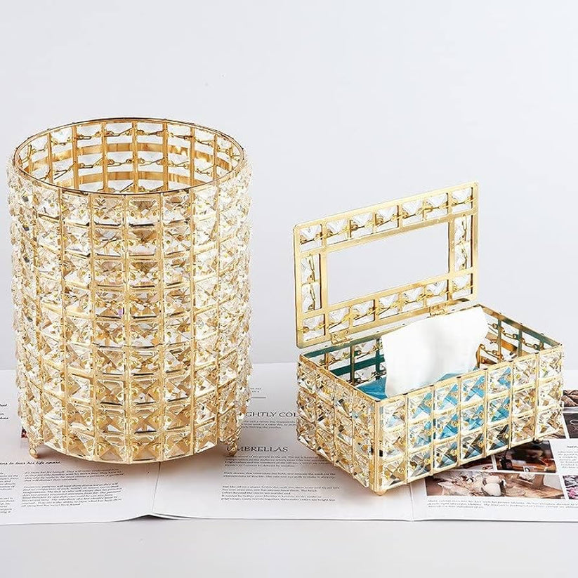 Golden Crystal Dustbin Tissue box Set