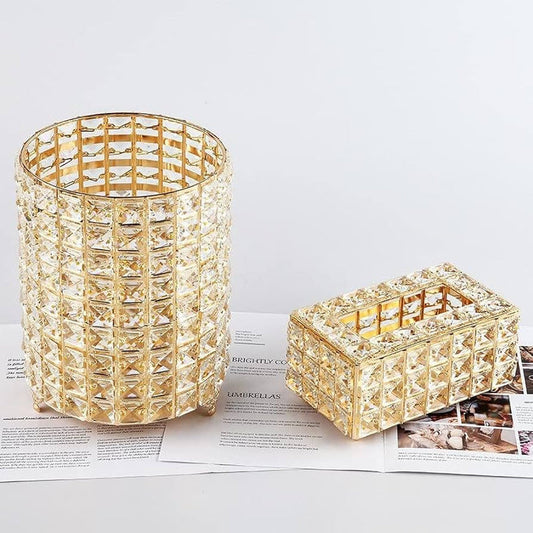 Golden Crystal Dustbin Tissue box Set