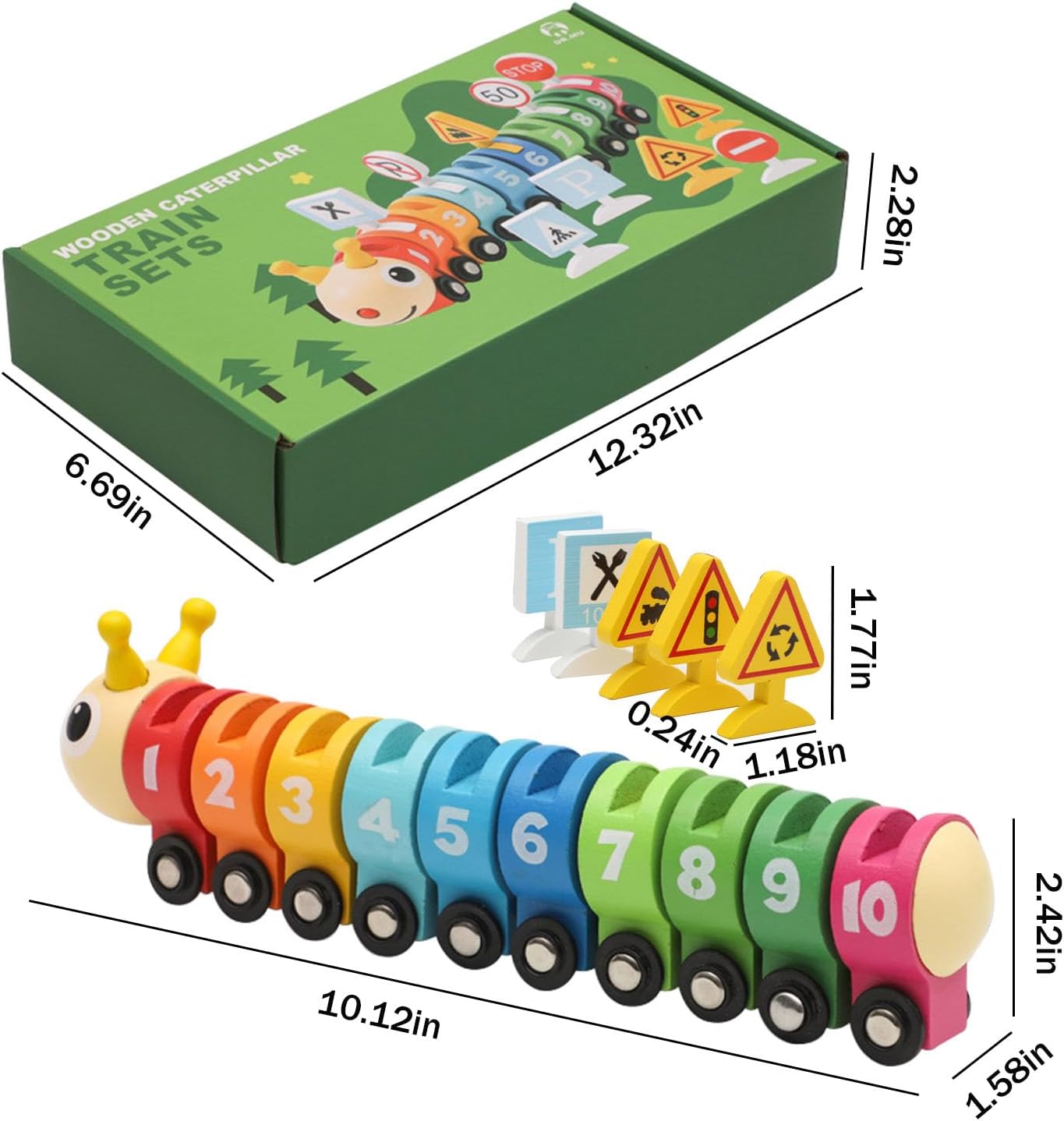 Wooden Caterpillar Train with Numbers & Traffic Sign