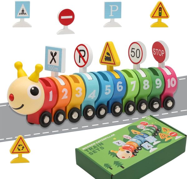 Wooden Caterpillar Train with Numbers & Traffic Sign