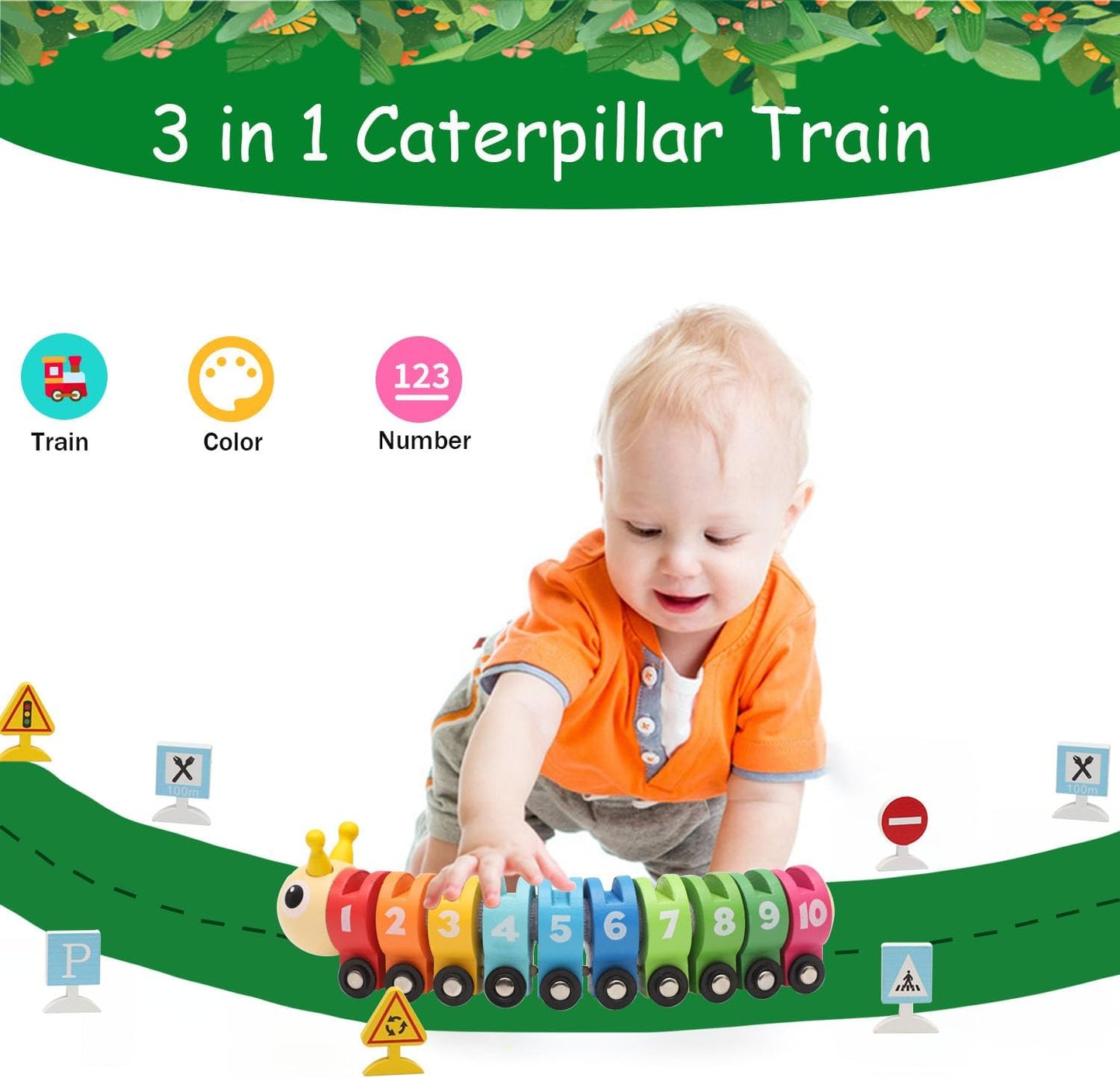 Wooden Caterpillar Train with Numbers & Traffic Sign