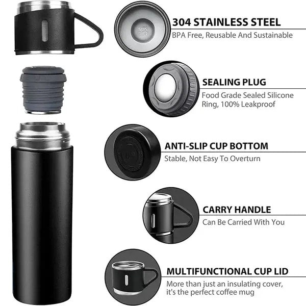 3 Cup Double-Layer Stainless Steel Vacuum Flask Set