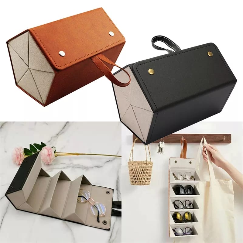 5-Slot Travel Foldable Sunglasses Organizer-  Leather Hanging Eyeglasses Case