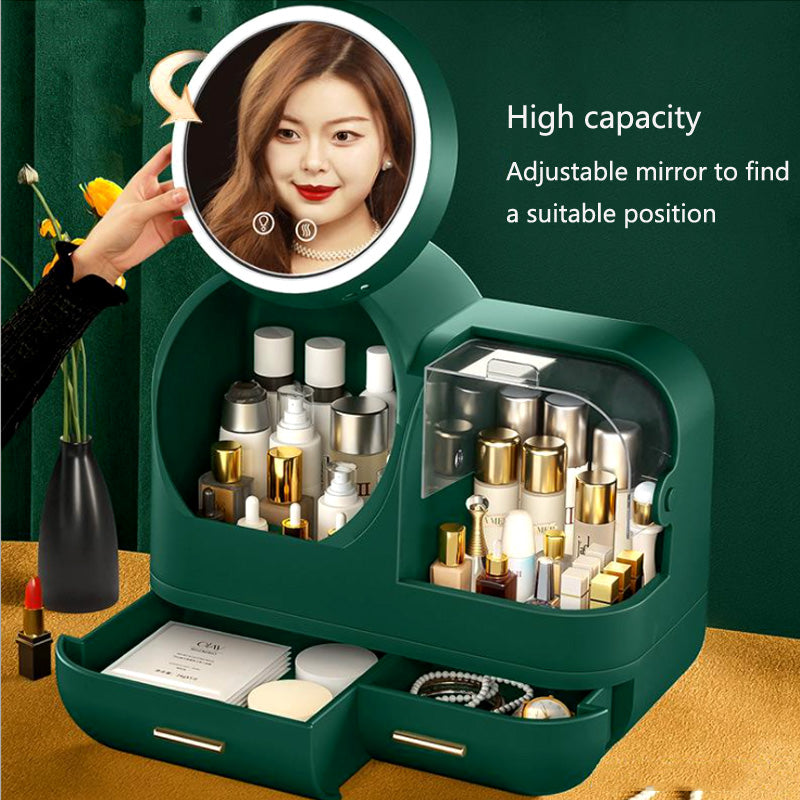 Large Capacity Cosmetic Organizer With Internal Fan And Led Mirror