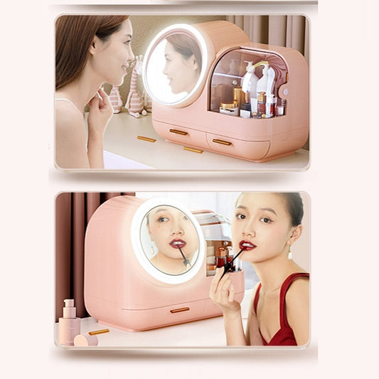 Large Capacity Cosmetic Organizer With Internal Fan And Led Mirror