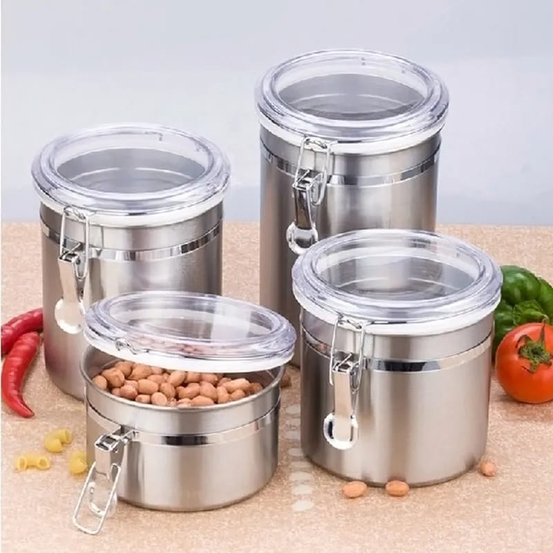 4 pcs Airtight Stainless Steel Jar Canister Coffee Flour Sugar Tea Container Holder