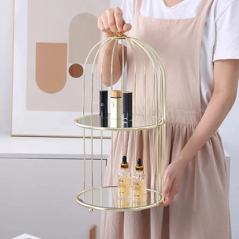 New Style Birdcage Makeup Organizer Metal Brass Cosmetic Organizer with Mirror Shelves