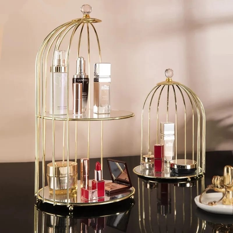 New Style Birdcage Makeup Organizer Metal Brass Cosmetic Organizer with Mirror Shelves