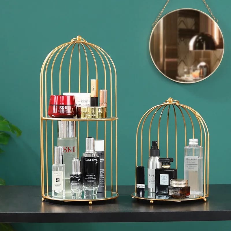 New Style Birdcage Makeup Organizer Metal Brass Cosmetic Organizer with Mirror Shelves