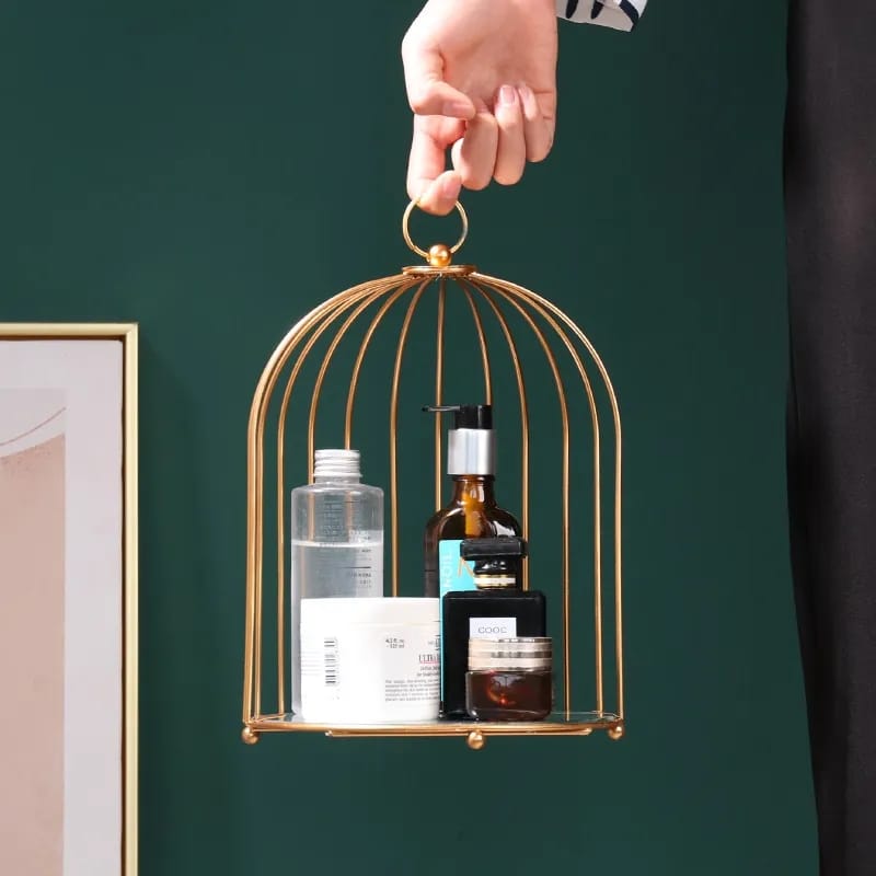 New Style Birdcage Makeup Organizer Metal Brass Cosmetic Organizer with Mirror Shelves