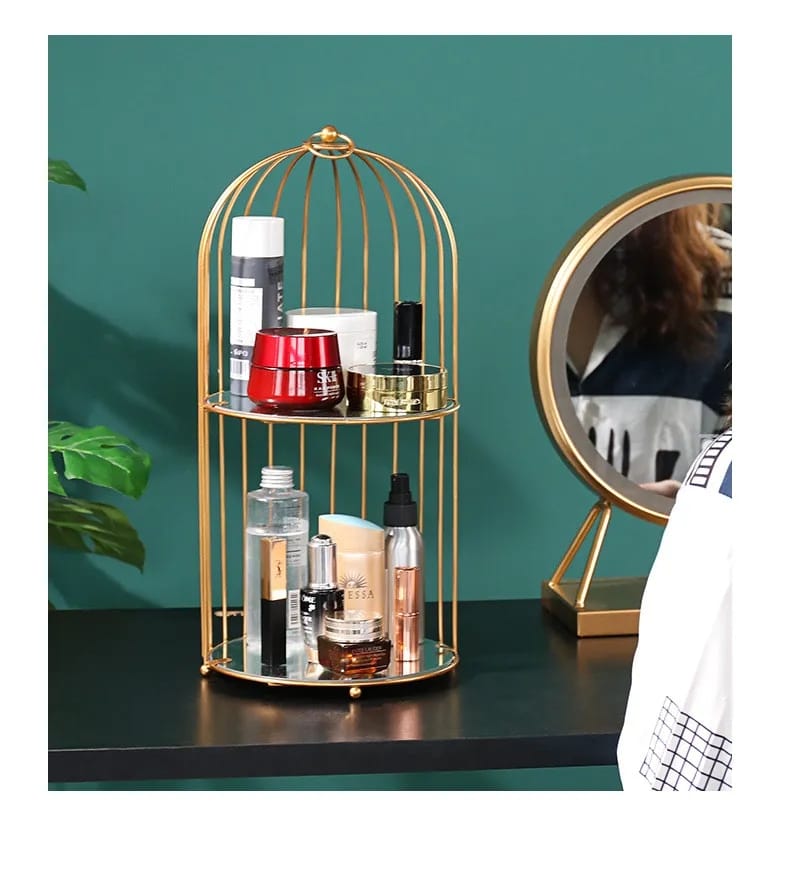 New Style Birdcage Makeup Organizer Metal Brass Cosmetic Organizer with Mirror Shelves