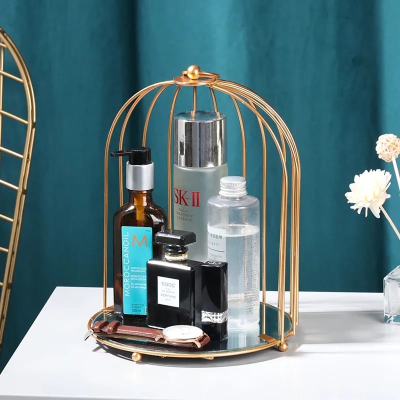 New Style Birdcage Makeup Organizer Metal Brass Cosmetic Organizer with Mirror Shelves