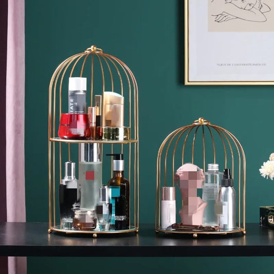 New Style Birdcage Makeup Organizer Metal Brass Cosmetic Organizer with Mirror Shelves