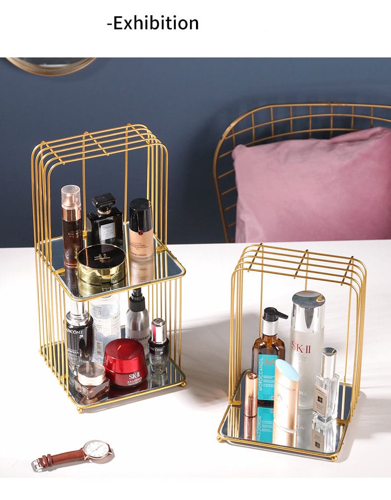 New Style Birdcage Makeup Organizer Metal Brass Cosmetic Organizer with Mirror Shelves square shape