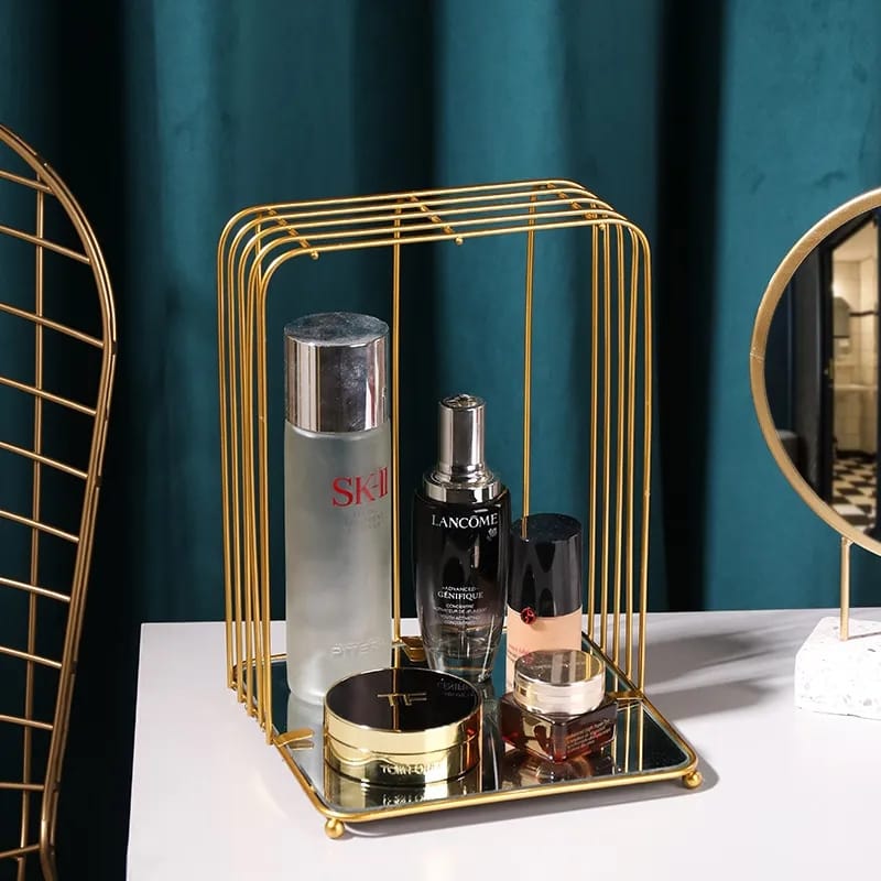 New Style Birdcage Makeup Organizer Metal Brass Cosmetic Organizer with Mirror Shelves square shape