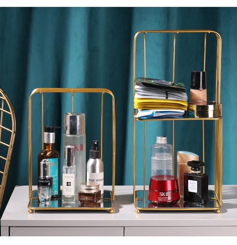 New Style Birdcage Makeup Organizer Metal Brass Cosmetic Organizer with Mirror Shelves square shape