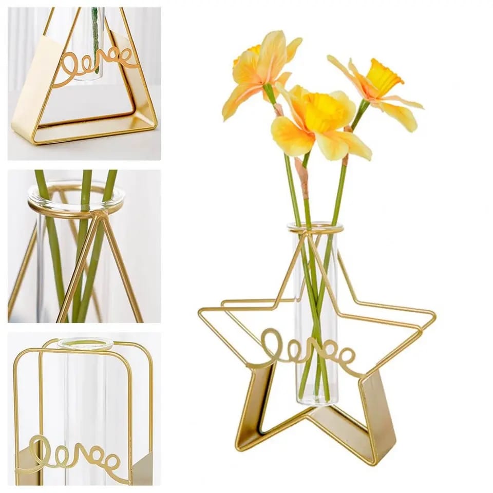 Glass Metal Frame Stand Flower Vase for Office Home Decoration