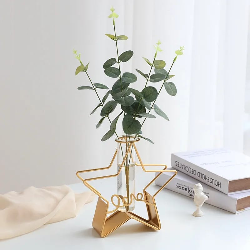 Glass Metal Frame Stand Flower Vase for Office Home Decoration