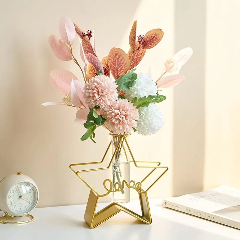 Glass Metal Frame Stand Flower Vase for Office Home Decoration