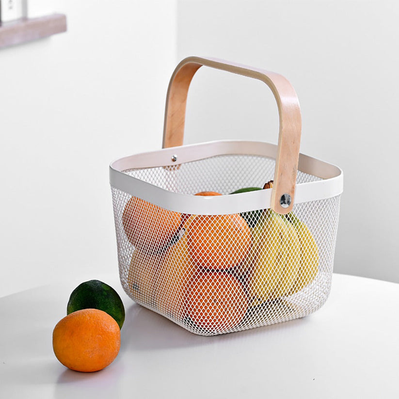 Kitchen Organizer Metal Wire Mesh Fruit Storage Basket with Wooden Handle