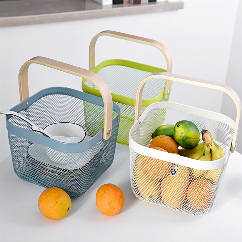 Kitchen Organizer Metal Wire Mesh Fruit Storage Basket with Wooden Handle