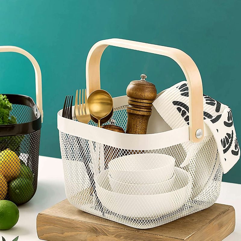 Kitchen Organizer Metal Wire Mesh Fruit Storage Basket with Wooden Handle