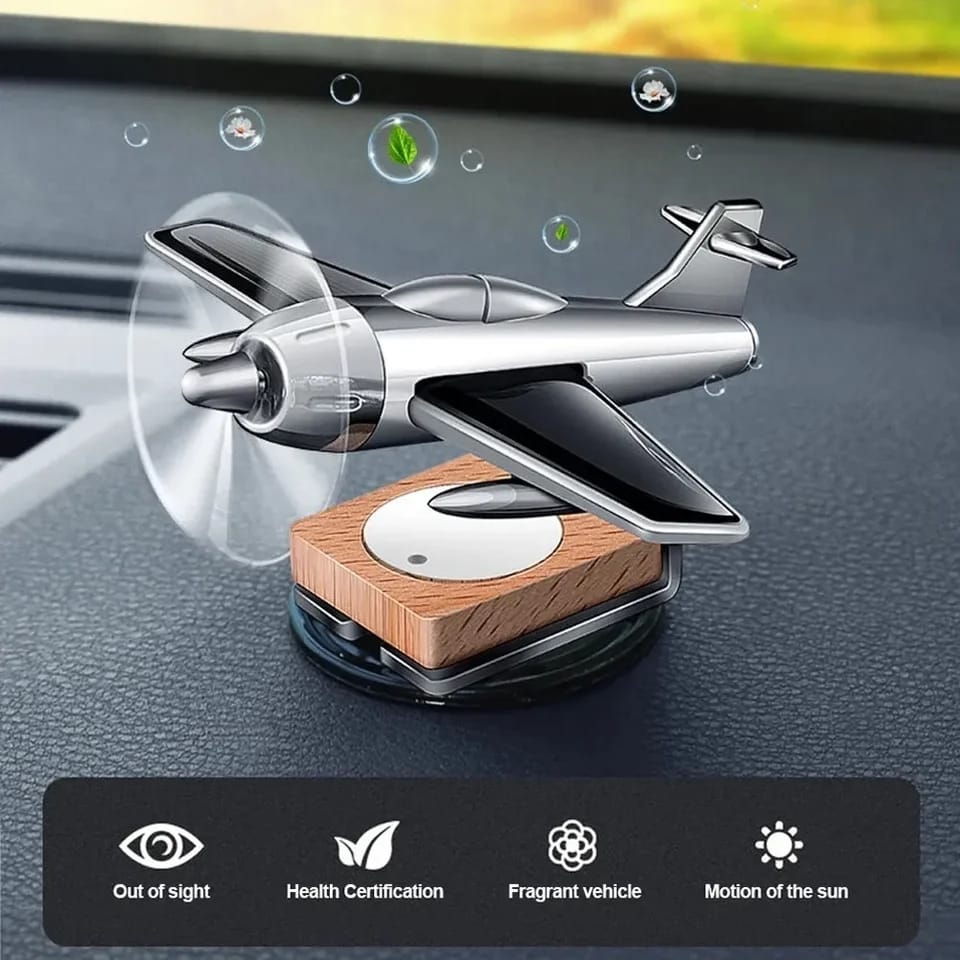 3D Airplane Aircraft Shaped Solar Powered Rotating Fan Car Air Freshener Car Dashboard Accessory