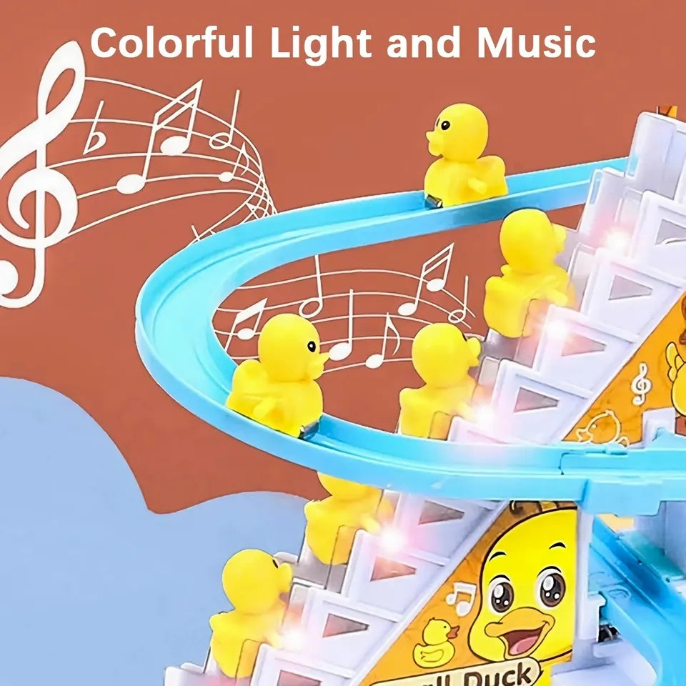 Funny Little Yellow Ducks Climbing Stairs And Sliding At Race Track For Kids Birthday Gifts