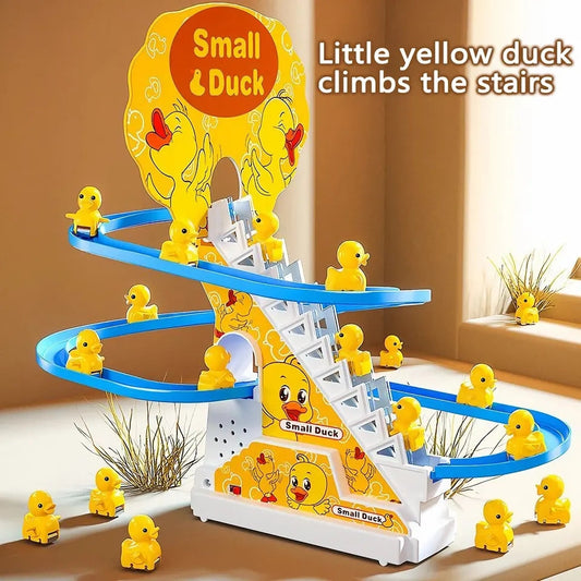 Funny Little Yellow Ducks Climbing Stairs And Sliding At Race Track For Kids Birthday Gifts