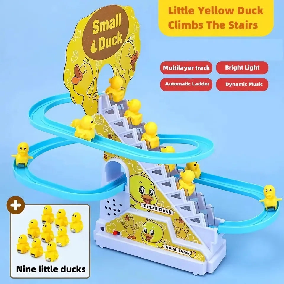 Funny Little Yellow Ducks Climbing Stairs And Sliding At Race Track For Kids Birthday Gifts