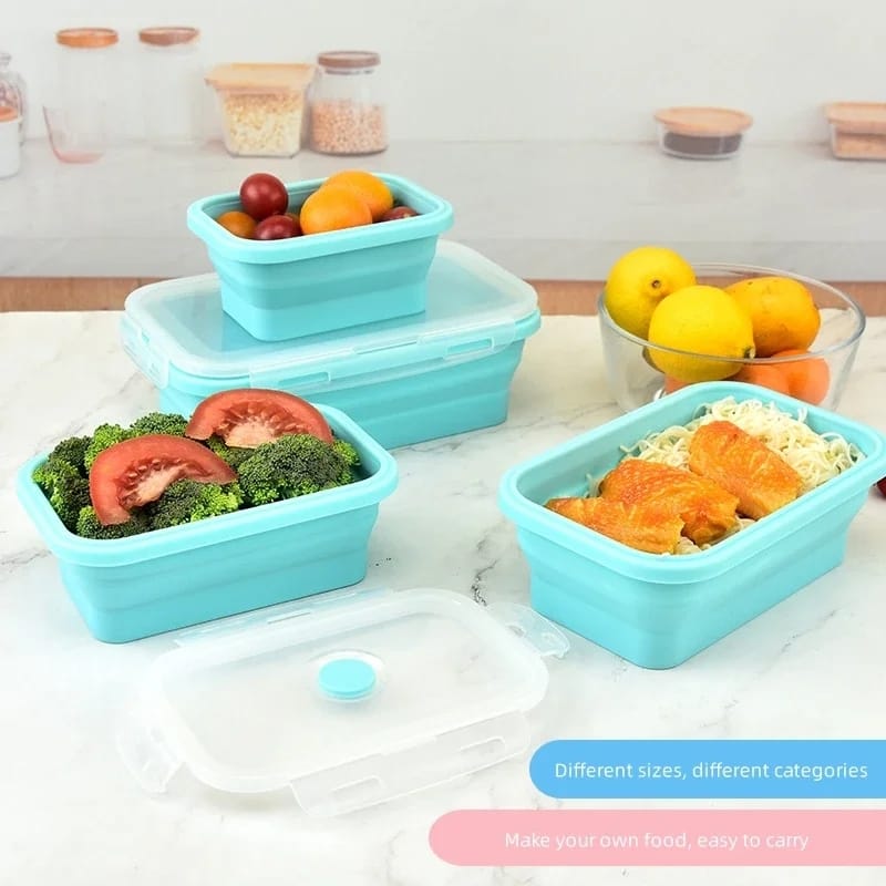 4Pcs Set Square Folding Silicone Lunch Box Portable Food Box