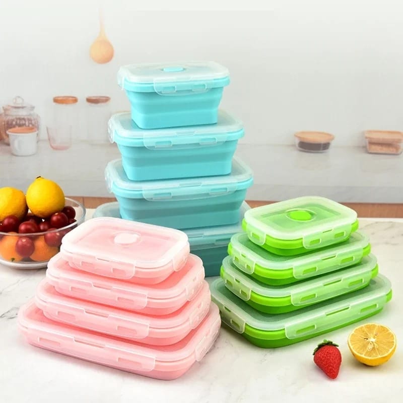 4Pcs Set Square Folding Silicone Lunch Box Portable Food Box