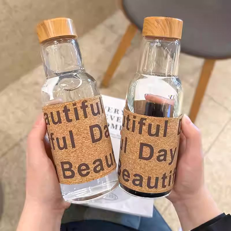 Wooden Design Leather Sticker Glass Water Bottle