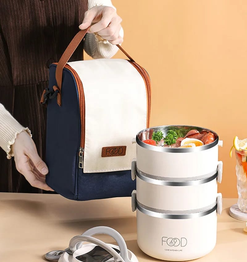 Stainless steel 2 layer lunch box with thermal bag