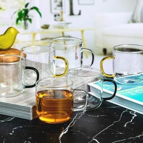 Glass Tea/Coffee Mug With Coloured Handle Set of 4pcs