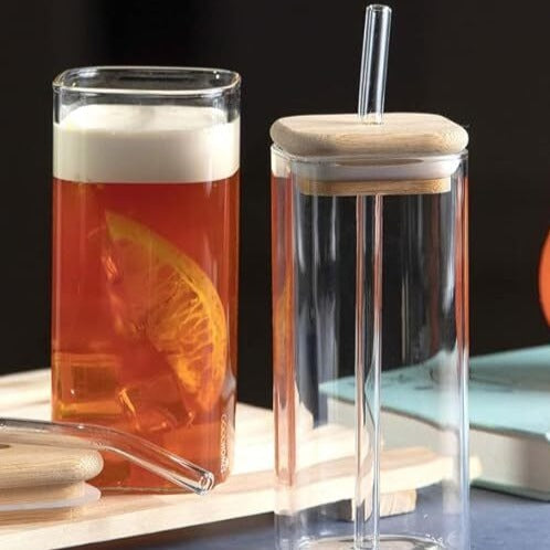 Borosilicate Glass Mugs with Glass Straws & Wooden Lids (Set of 2)