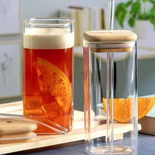 Borosilicate Glass Mugs with Glass Straws & Wooden Lids (Set of 2)