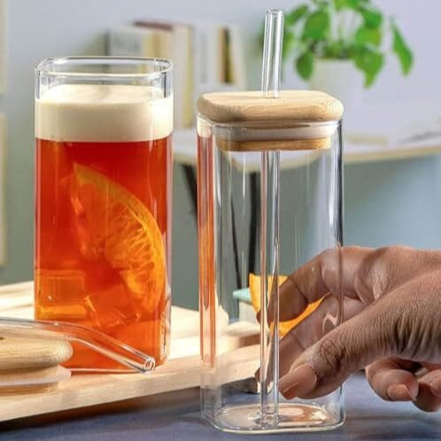 Borosilicate Glass Mugs with Glass Straws & Wooden Lids (Set of 2)