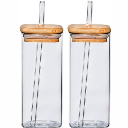 Borosilicate Glass Mugs with Glass Straws & Wooden Lids (Set of 2)