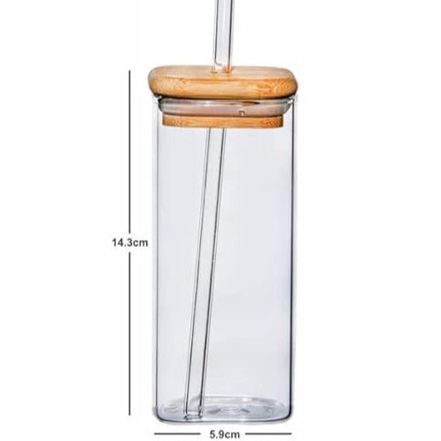 Borosilicate Glass Mugs with Glass Straws & Wooden Lids (Set of 2)