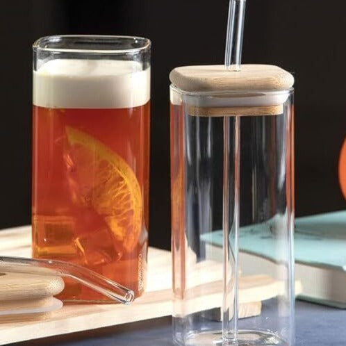 Borosilicate Glass Mugs with Glass Straws & Wooden Lids (Set of 2)