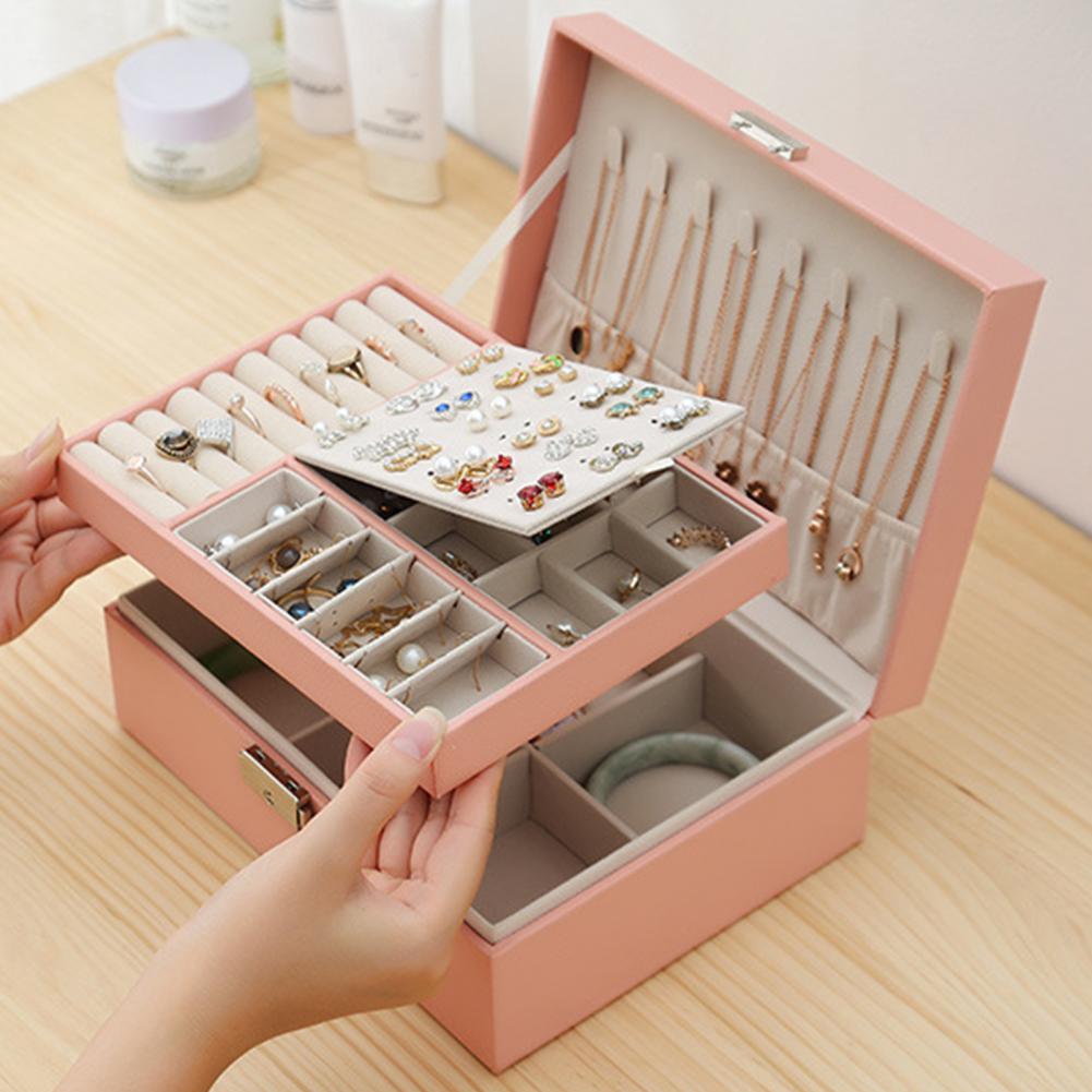 2 Layer Large Travel Jewelry Case , PU Leather Jewellery Holder Organizer with Removable Tray