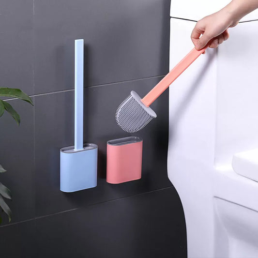 Silicone Head Toilet Brush With Holder Black Wall-Mounted Detachable Handle Bathroom Cleaner